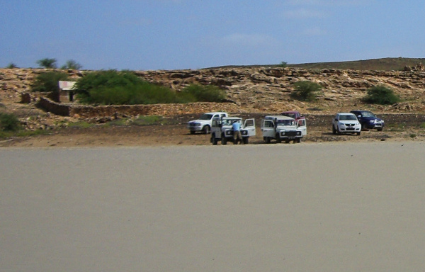 die Touri-Jeeps warten, bis es weitergeht