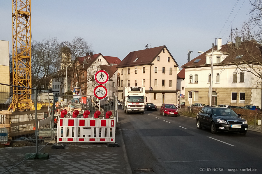 Baustelle in Feuerbach, Radverkehr behindert