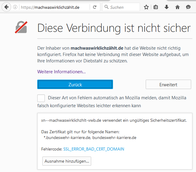 falsches Zertifikat auf der Bundeswehr-Homepage